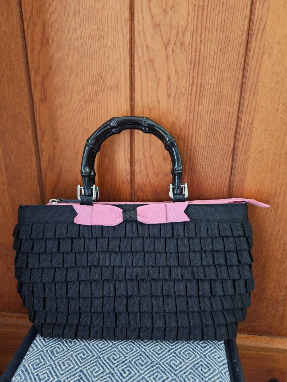 Braciano Black Tiered Fabric Handbag w/ Pink Bow, Bamboo-Style Handles